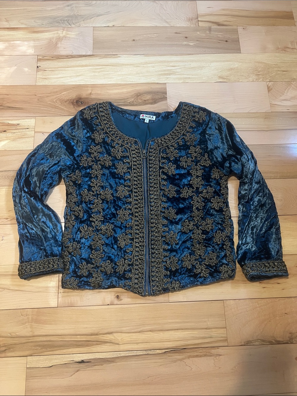 Embroidered Velvet Jacket - Deep Teal with Gold Trim